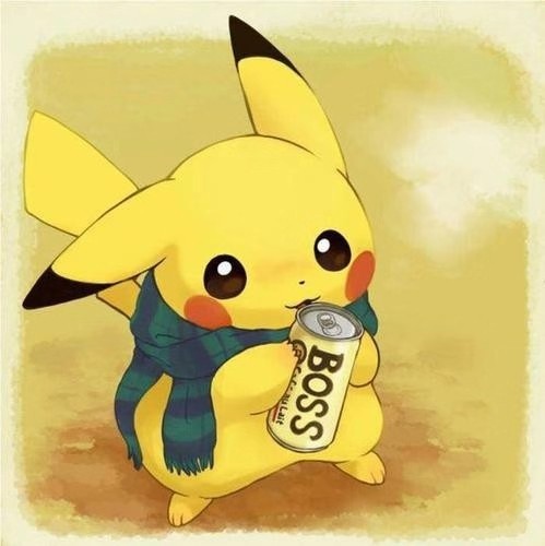 Pikachu 围着围巾、手拿 BOSS 罐装饮料的插画